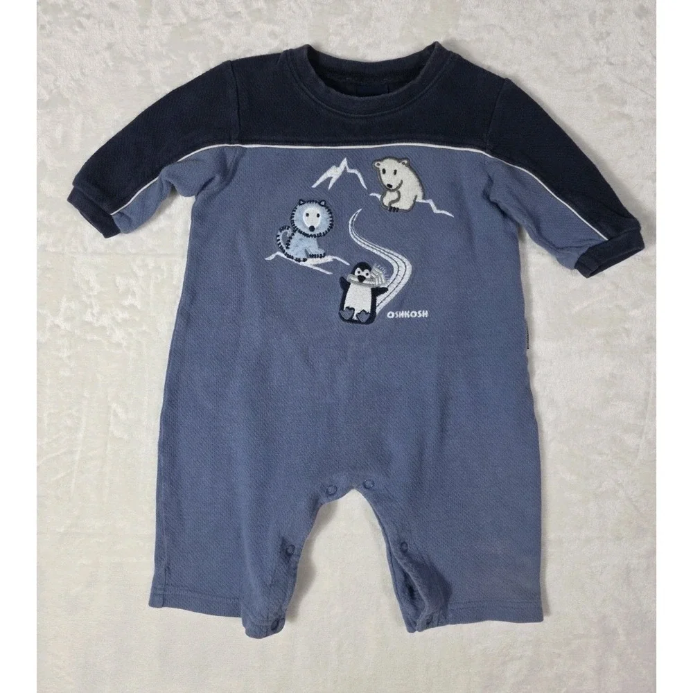 Vintage OshKosh Baby Boy Romper 3-6 Months Blue Polar Bear Penguin One Piece 90s
